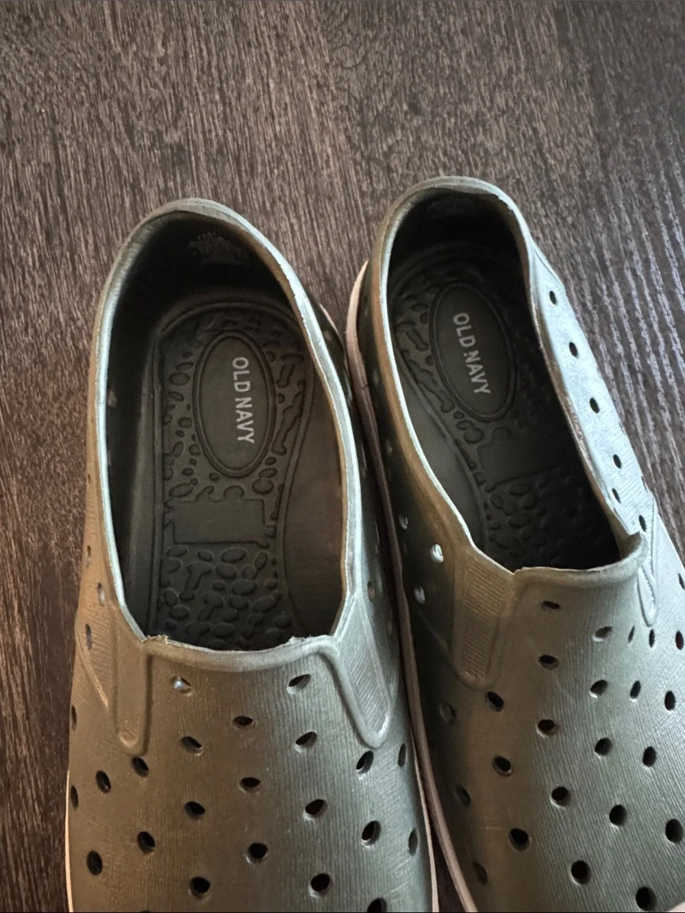 Old Navy Olive Green Slip-On Perforated Kids Sneakers with White Toe Caps